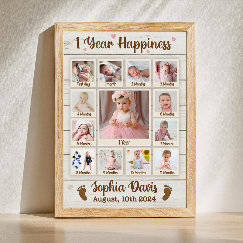 Baby first year photo collage canvas, 12-photo rustic farmhouse design with custom name and date, portrait nursery wall art | Familywalldecor