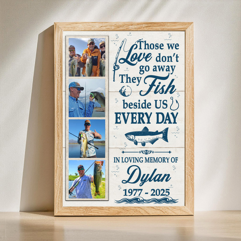 Fishing memorial canvas wall art, personalized photo collage with "In Loving Memory", custom name and dates, rustic wood background | Familywalldecor
