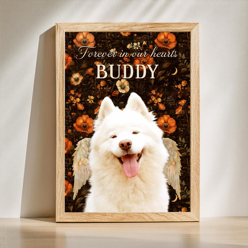 Dog memorial canvas wall art with "Forever In Our Hearts," personalized name and dates, autumn colors, Thanksgiving tribute. | Familywalldecor