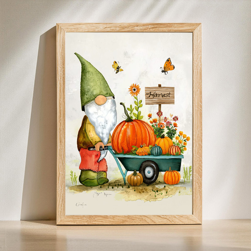 Garden harvest gnome canvas wall art with pumpkins and sunflowers, rustic farmhouse hallway decor in warm earth tones. | Family Wall Decor