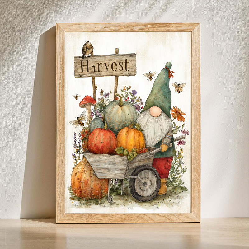 Garden harvest gnome canvas wall art with pumpkins and sunflowers, rustic farmhouse hallway accent in warm autumn tones. | Family Wall Decor