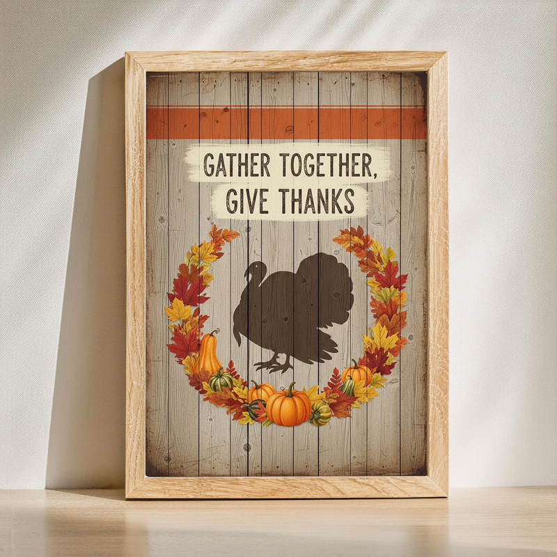 Gather Together Give Thanks canvas wall art, rustic Thanksgiving typography for hallway decor in warm autumn tones | Familywalldecor