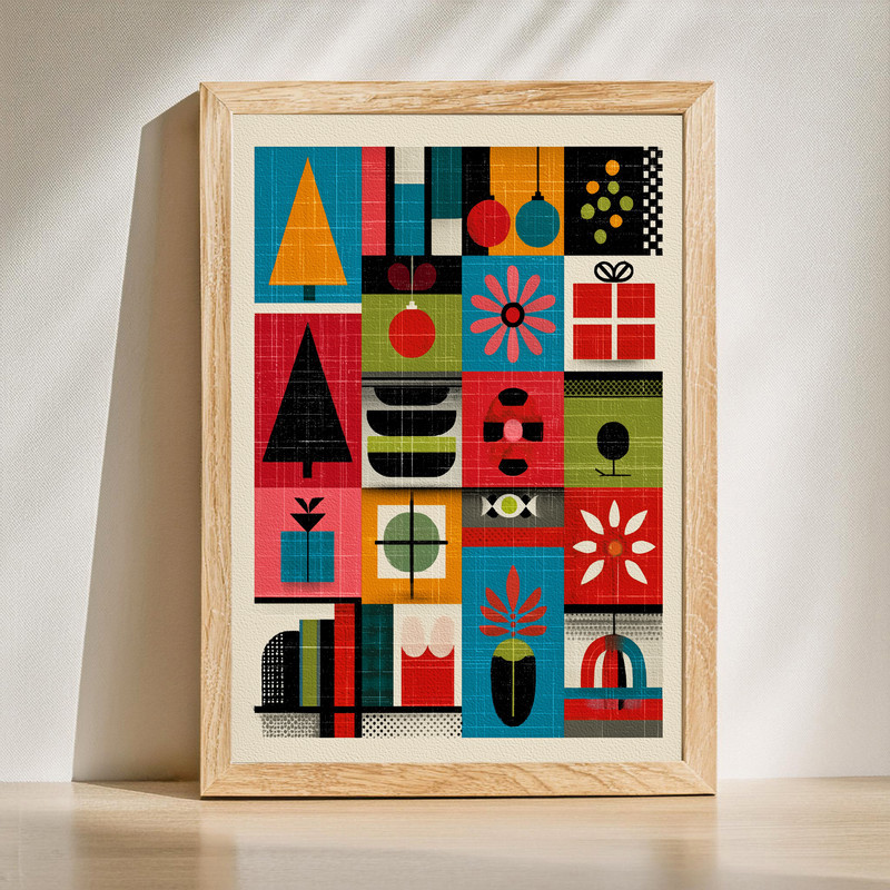 Geometric holiday cheer canvas wall art with modern abstract Christmas shapes, perfect for entryway decor in modern style. | Familywalldecor