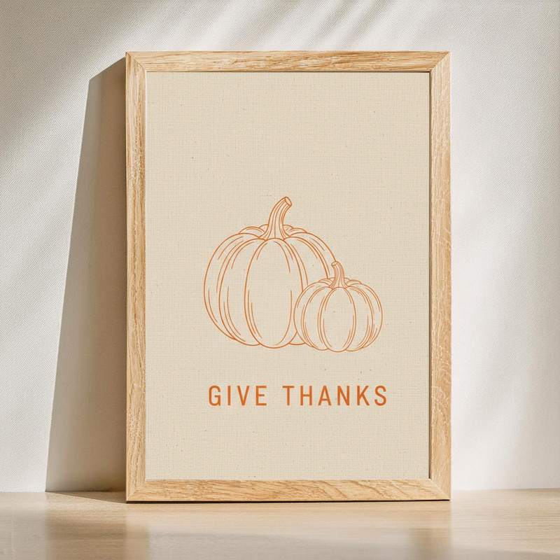 Give Thanks minimalist pumpkin wall art canvas with clean script text and neutral palette, ideal for hallway autumn decor | Familywalldecor