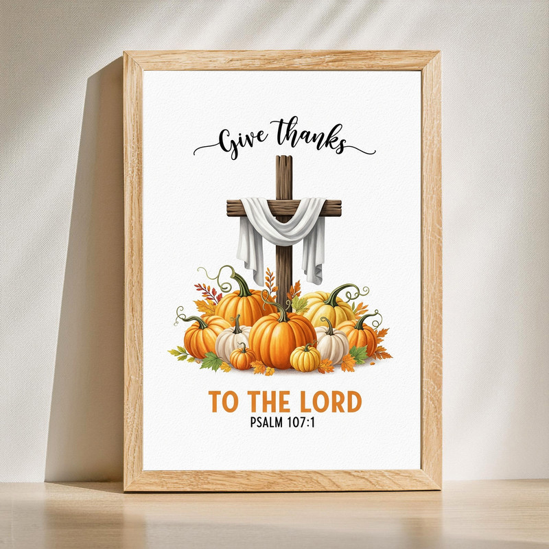 Christian fall pumpkin canvas wall art with 'Give Thanks to the Lord' scripture, rustic farmhouse look for entryway. | Familywalldecor