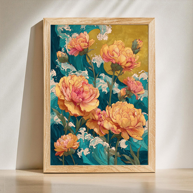 Golden Sky Carnations Japanese Wave canvas wall art with navy ukiyo-e wave, golden sky gradient, red carnations, landscape | Family Wall Decor