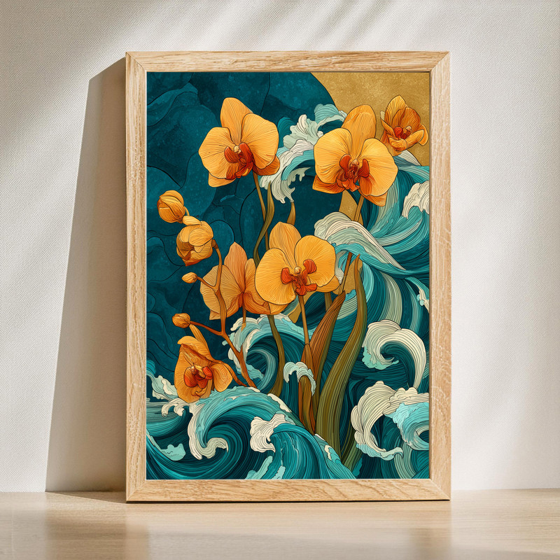 Golden Sky Orchids Japanese Wave canvas wall art with white orchid blooms, gilded sky, and indigo wave for serene decor | Family Wall Decor