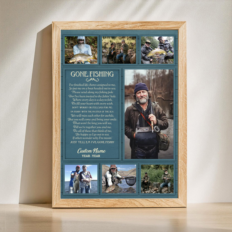 Gone Fishing memorial canvas wall art with personalized photo collage, name and dates, rustic wood background, horizontal layout | Familywalldecor