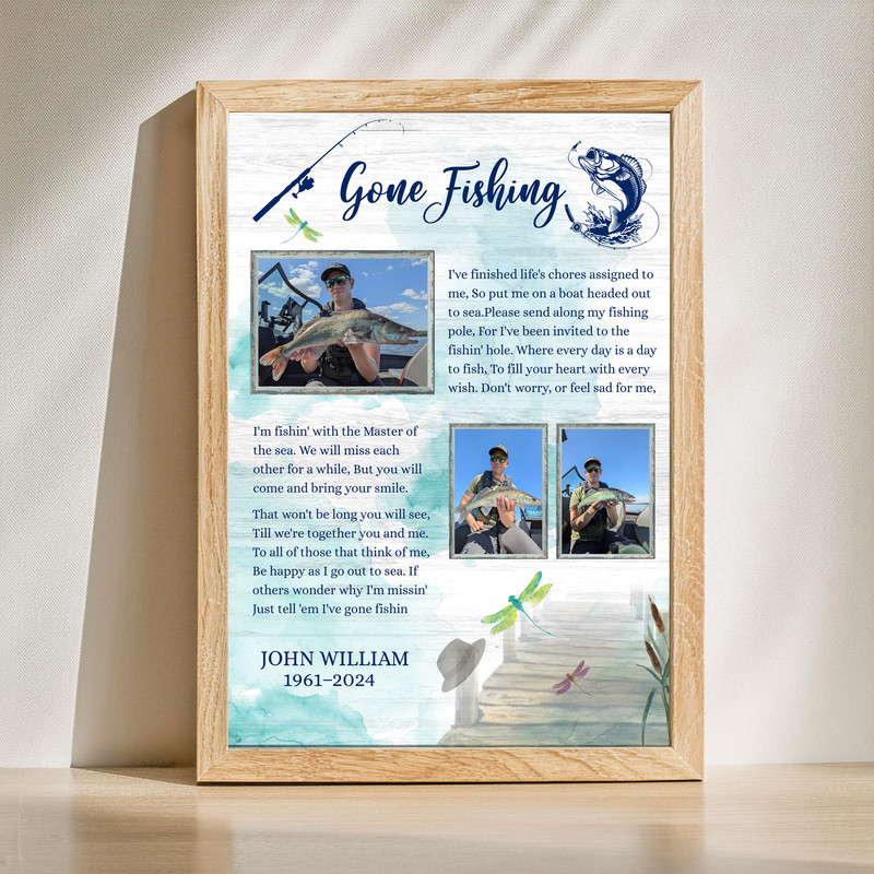 Gone Fishing memorial canvas wall art, personalized photo collage for Dad with name and dates, rustic wood background | Familywalldecor