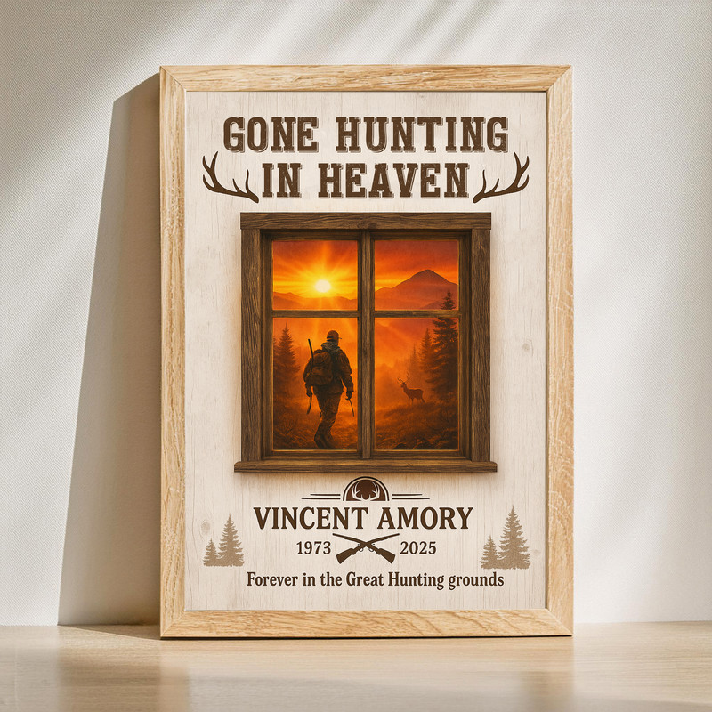 Memorial hunting canvas wall art with farmhouse wood, antlers, Gone Hunting in Heaven quote, personalized name and dates | Familywalldecor
