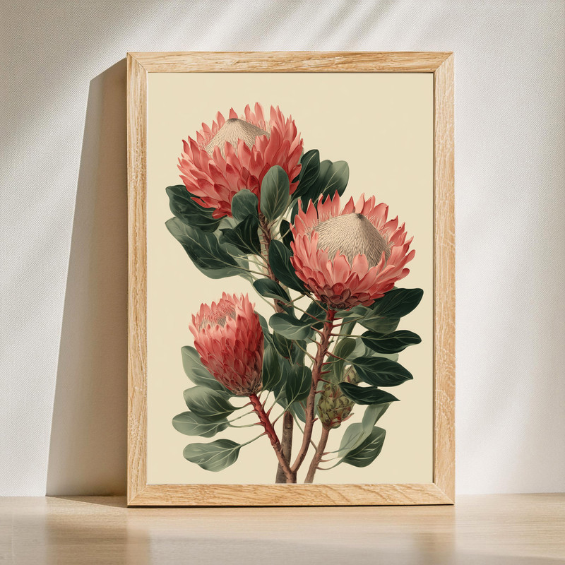 Protea botanical canvas wall art featuring a detailed protea flower and leaves in a refined, nature-inspired floral design. | Family Wall Decor