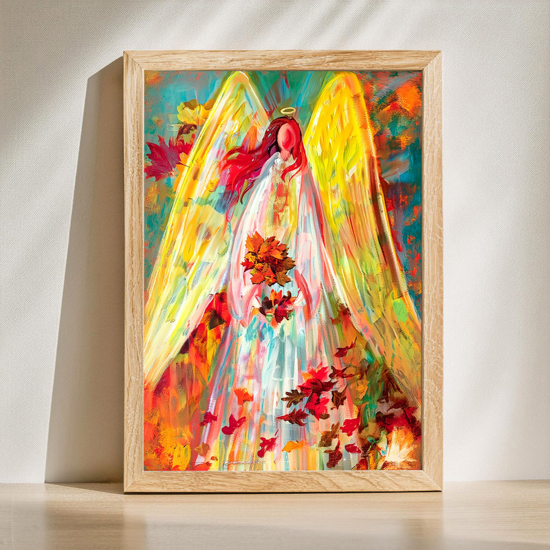 Harvest autumn angel canvas wall art with golden wings and fall leaves, spiritual painting print for warm hallway decor