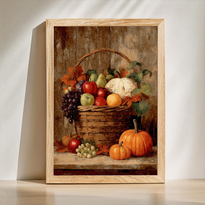 Harvest basket still life canvas wall art with apples, pears, and pumpkins, warm autumn hues for hallway decor, rustic accent