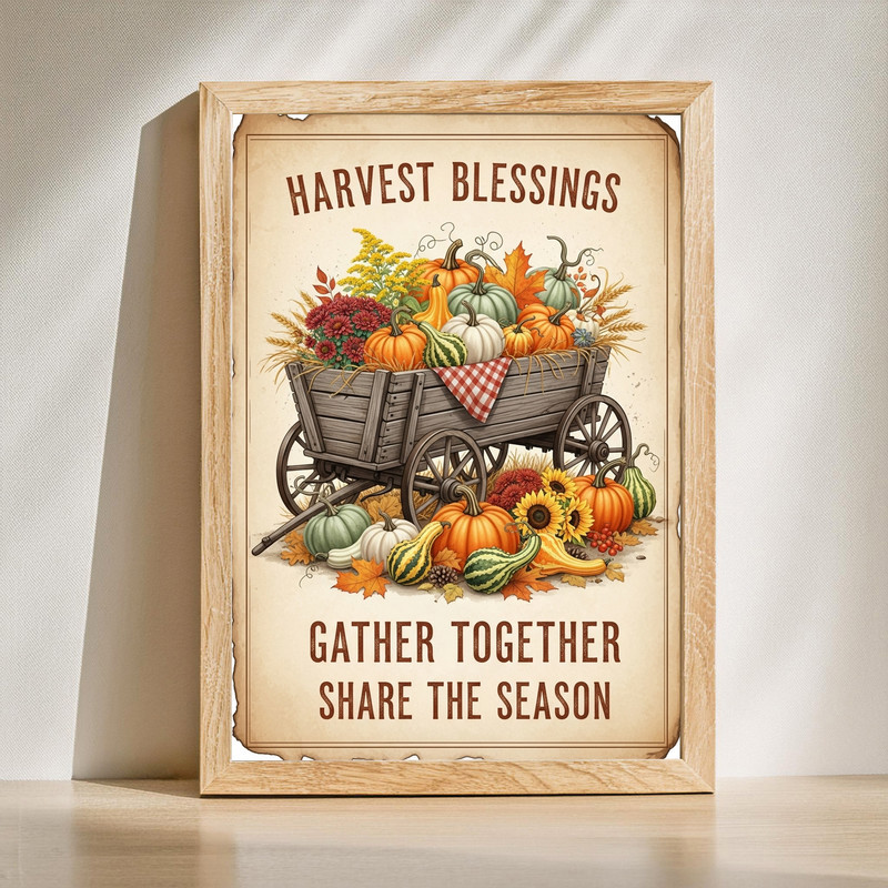 Harvest wagon Thanksgiving canvas wall art with pumpkins, Blessings and Gathering quote, rustic farmhouse hallway decor | Familywalldecor