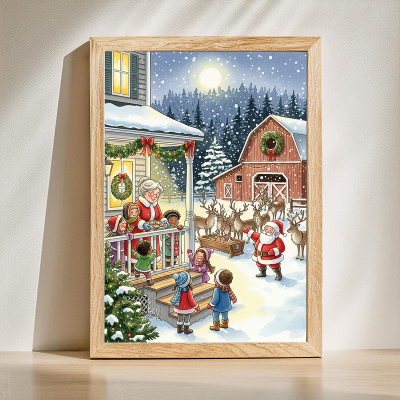 Holiday watercolor scene canvas wall art with Santa, reindeer, and children for entryway decor, landscape, snowy village | Familywalldecor
