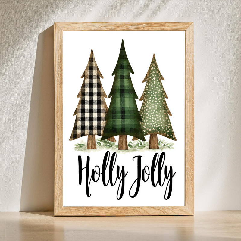 Holly Jolly rustic pine trees canvas wall art for farmhouse hallway decor, snowy evergreens in neutral tones, landscape | Familywalldecor