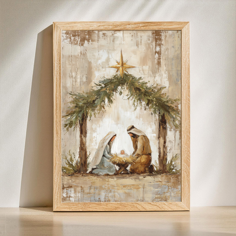 Holy Night Nativity canvas wall art featuring Mary, Joseph, and Baby Jesus under the star, rustic farmhouse Christmas entryway decor | Family Wall Decor