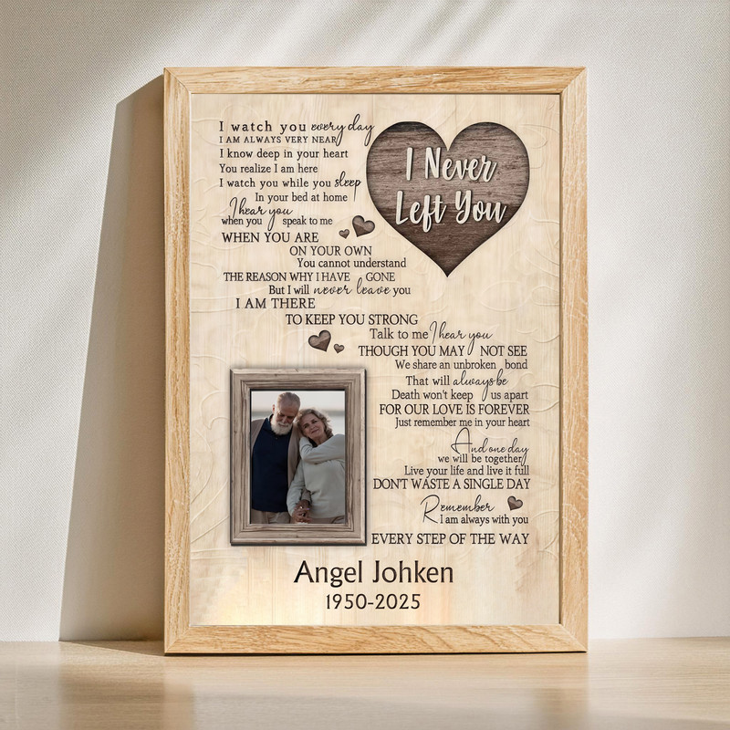 Memorial canvas wall art photo frame personalized with loved one's name, dates, and photo, featuring I Never Left You poem | Family Wall Decor