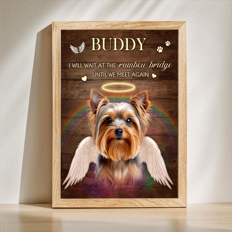Angel wings dog memorial canvas wall art, pet portrait with halo and subtle paw prints, soft sky blue background, vertical layout | Familywalldecor