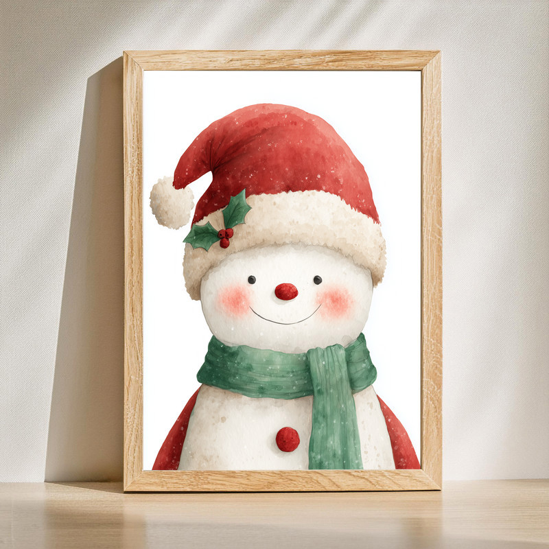 Jolly snowman canvas wall art with red scarf and top hat by a wreath-topped door, cheerful holiday entryway winter scene | Familywalldecor