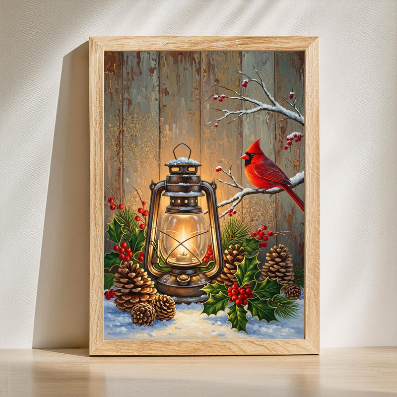 Lantern Glow, Cardinal & Pine Rustic Christmas Entryway Canvas Wall Art | Family Wall Decor