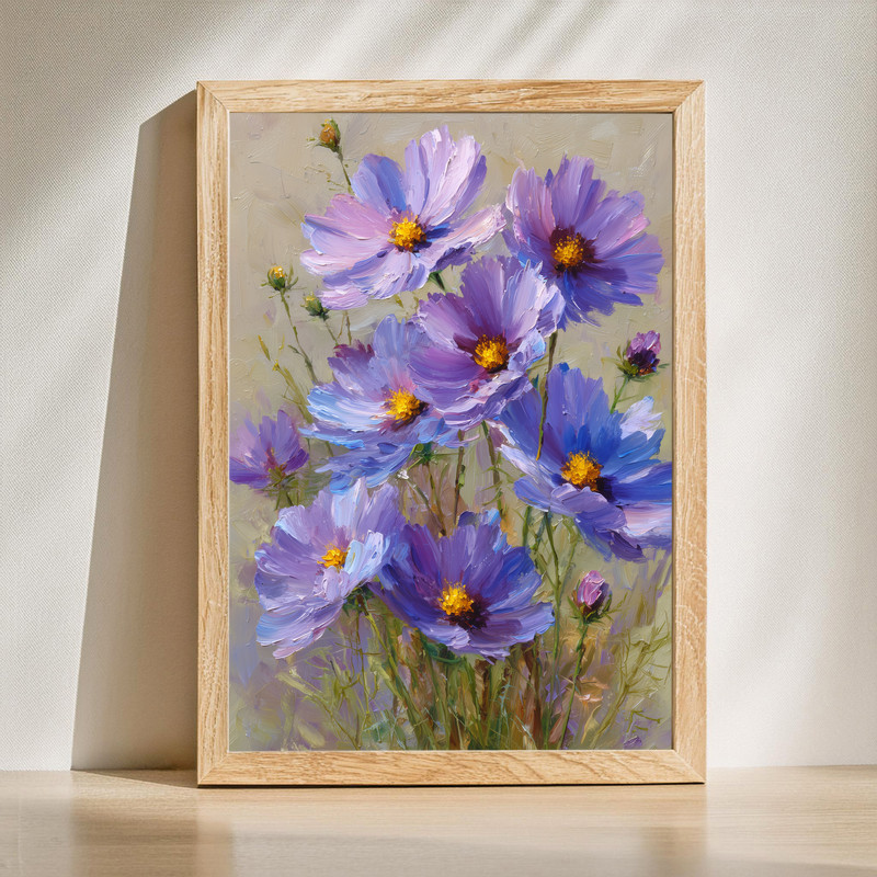 Lavender cosmos canvas wall art close-up oil painting showing lilac petals and golden center with textured brushstrokes | Family Wall Decor