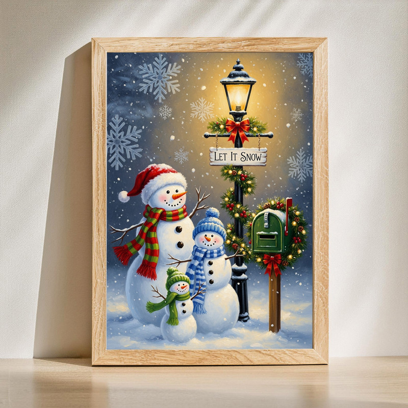 Let It Snow snowman family canvas wall art for entryway, winter scene with falling snow and red scarf accents, landscape | Familywalldecor