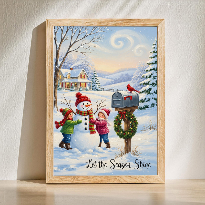 Snowman canvas wall art for entryway with 'Let the Season Shine' text, snowy pine backdrop, festive winter holiday decor | Family Wall Decor