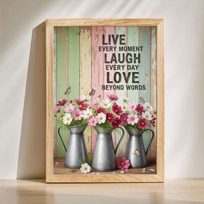 Live Laugh Love rustic canvas wall art with pink cosmos flowers and distressed script, farmhouse style, horizontal layout | Family Wall Decor
