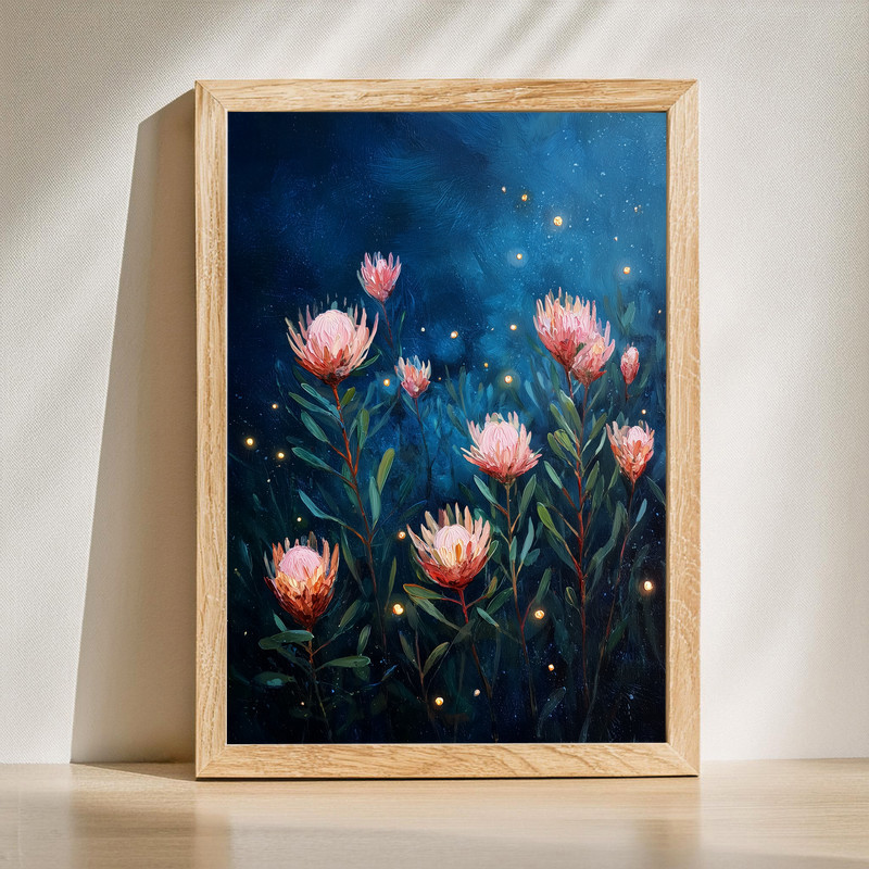 Magical Protea Garden canvas wall art in soft watercolor pastels, protea blooms and stems on an ivory background, landscape | Familywalldecor