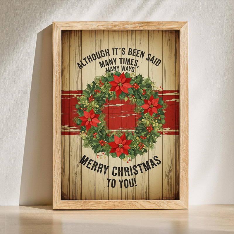 Vintage holiday wreath canvas wall art with “Merry Christmas To You” script, evergreen, red berries, rustic hallway seasonal decor | Familywalldecor