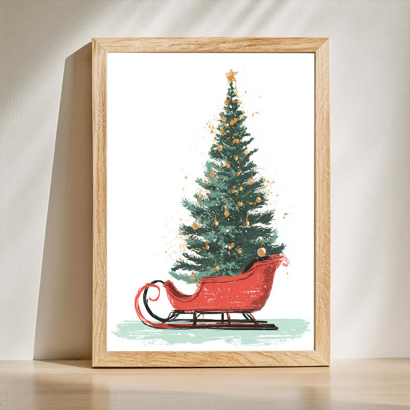 minimalist Christmas tree in sleigh canvas wall art for rustic holiday hallway decor, neutral tones with beige background | Familywalldecor