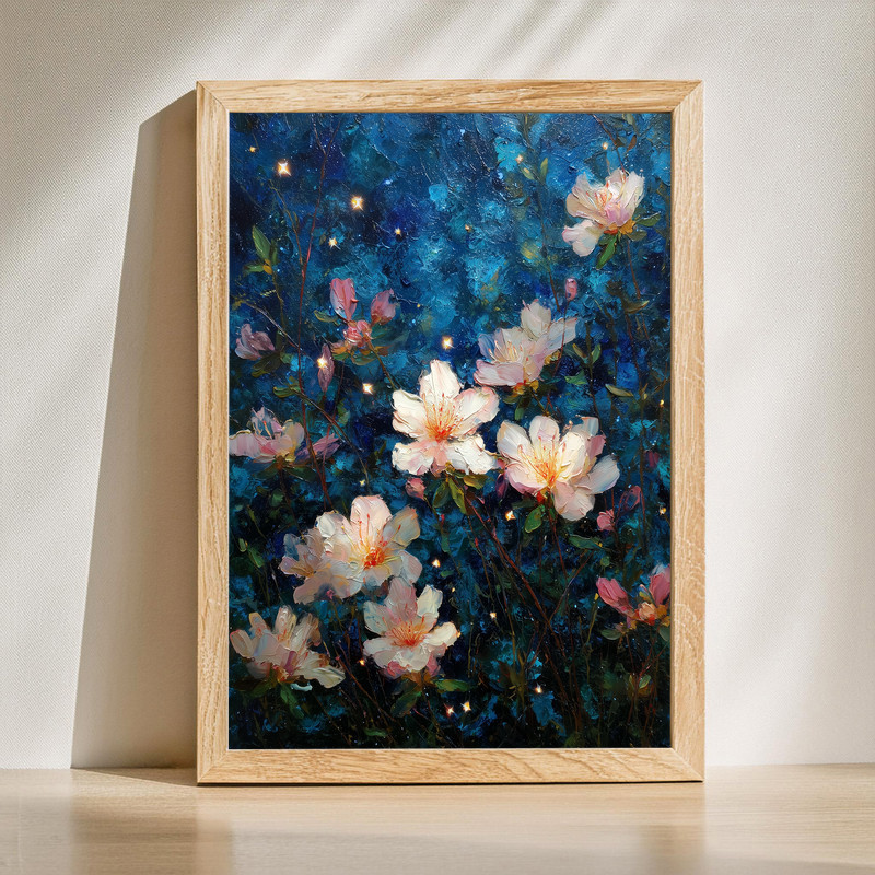 Moonlit azaleas canvas wall art featuring soft pink blossoms on an indigo night sky, textured brushwork, landscape orientation | Family Wall Decor CA