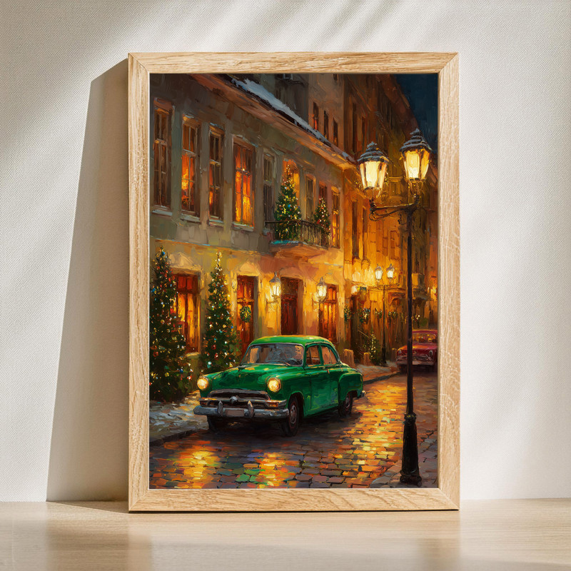 Nostalgic holiday street canvas wall art featuring a red vintage car and glowing Christmas lights for entryway decor | Familywalldecor