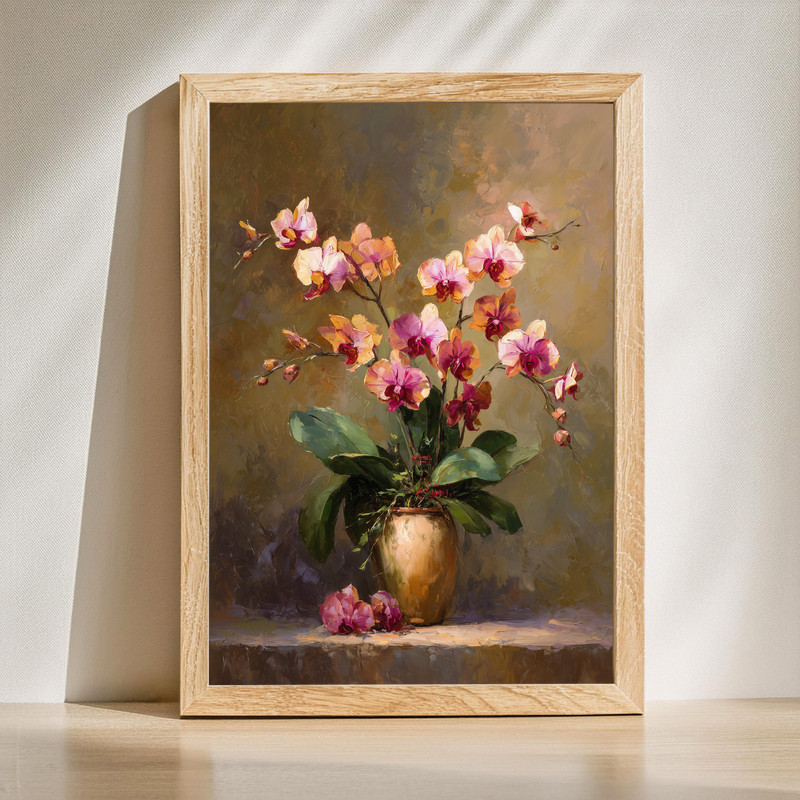 orchids in vase canvas wall art, classic oil painting still life with soft lighting and textured brushwork on canvas | Family Wall Decor