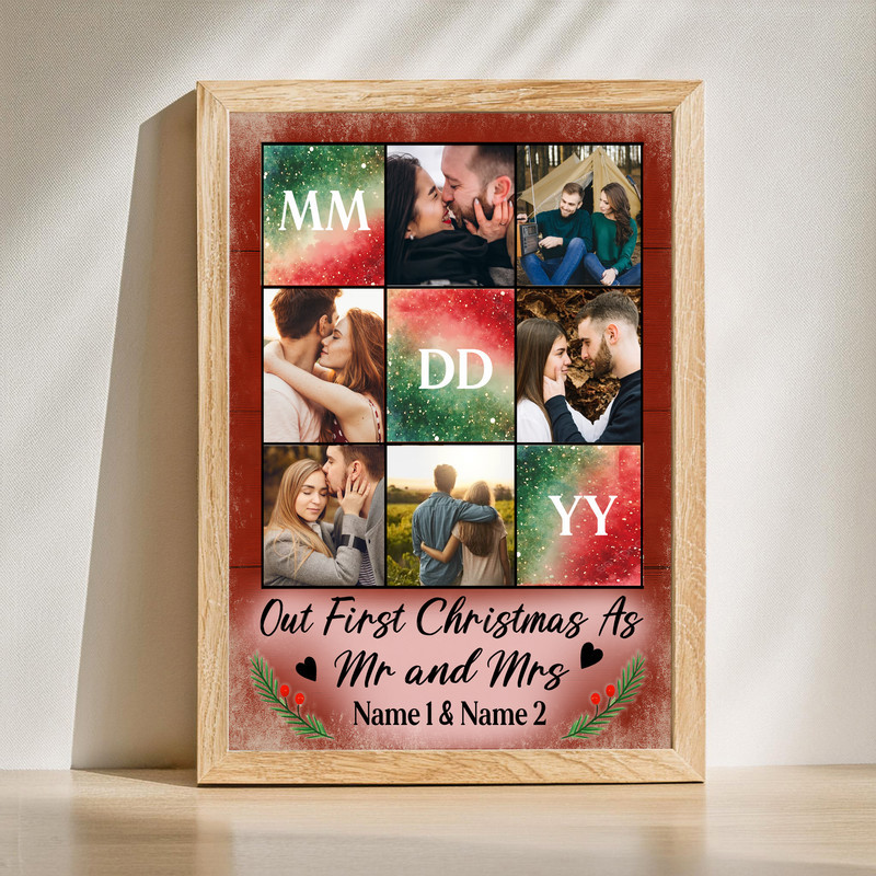 Our First Christmas as Mr & Mrs canvas wall art, personalized photo collage with names and date in red-green | Familywalldecor