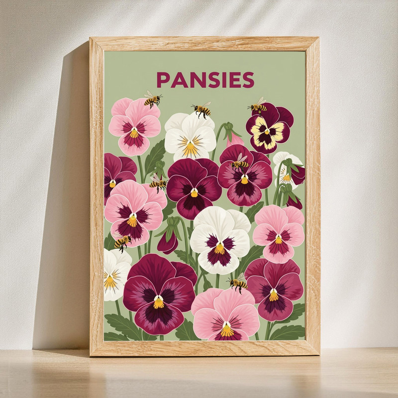 Pansies botanical canvas wall art featuring vintage garden illustration of pansy flowers with delicate petals and foliage. | Familywalldecor
