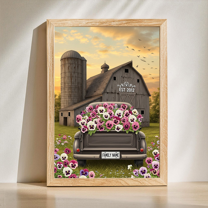 Pansies Love canvas wall art featuring a rustic barn, vintage pickup, and blooming pansies in a warm farmhouse country style. | Family Wall Decor
