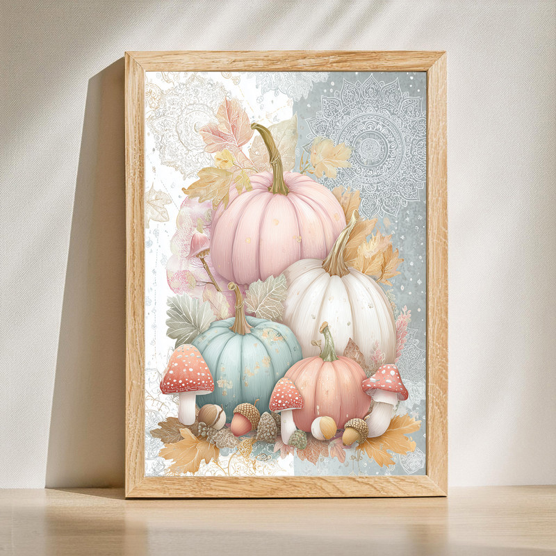 Pastel pumpkin patch canvas wall art, watercolor Thanksgiving scene for hallway decor, soft blush and sage tones, landscape | Familywalldecor