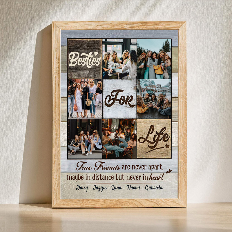 Besties For Life photo collage canvas wall art, personalized with names and photos in rustic farmhouse style, best friend gift | Family Wall Decor