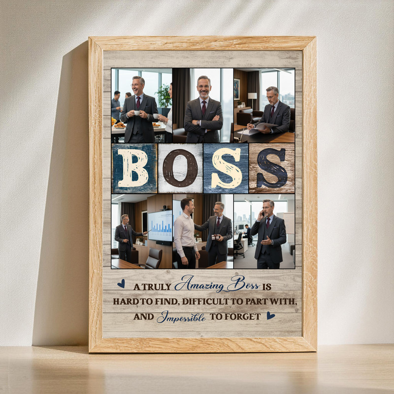 Boss photo collage canvas print, personalized with photos, names and dates in rustic style; retirement wall art for office | Familywalldecor