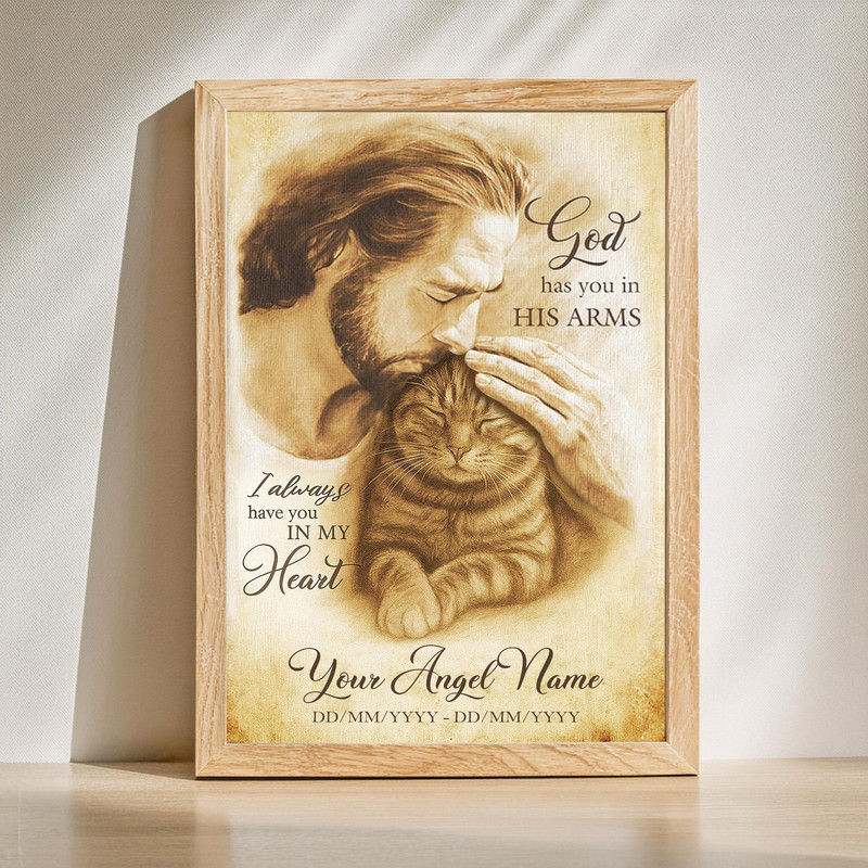 Cat memorial canvas wall art with 'God Has You In His Arms', personalized with cat name and dates, paw prints and angel wings | Familywalldecor