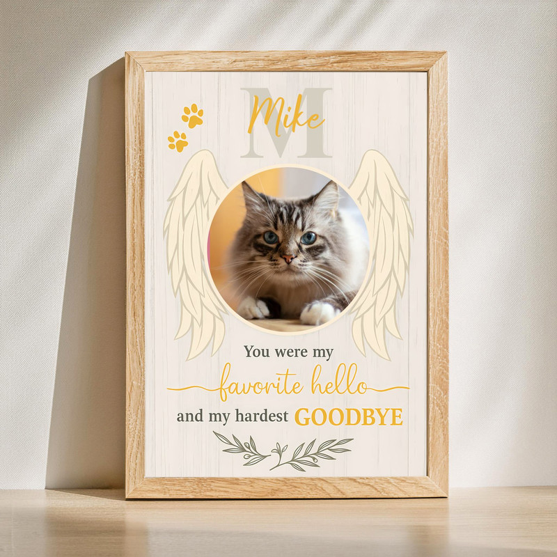 Cat memorial canvas wall art with angel wings and custom photo, name, and dates; sympathy gift for a grieving cat owner | Familywalldecor