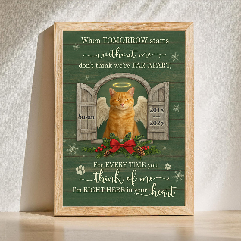 Cat memorial Christmas angel canvas wall art, rustic farmhouse style with personalized name and dates, halo, wings, and paw prints. | Familywalldecor