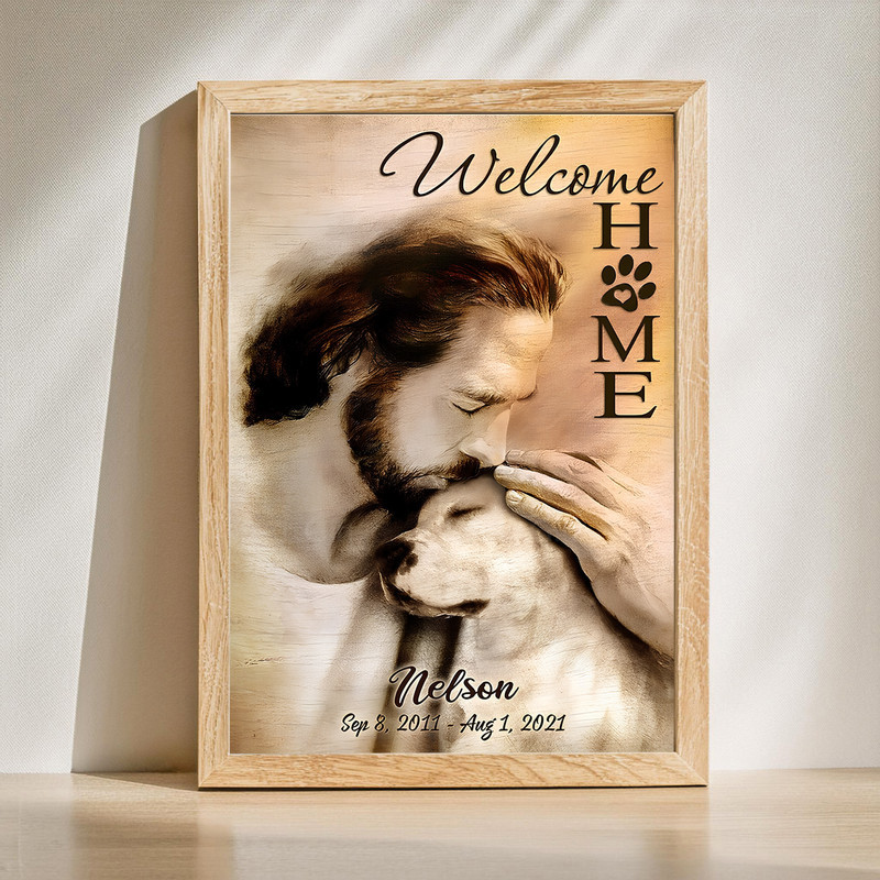Christian dog memorial canvas wall art with Jesus welcoming pets in heaven, personalized with your dog's name and dates | Familywalldecor