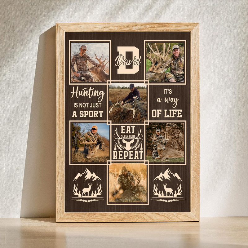 Deer hunting canvas wall art with rustic farmhouse photo collage, personalized names and date, landscape for cabin decor | Family Wall Decor