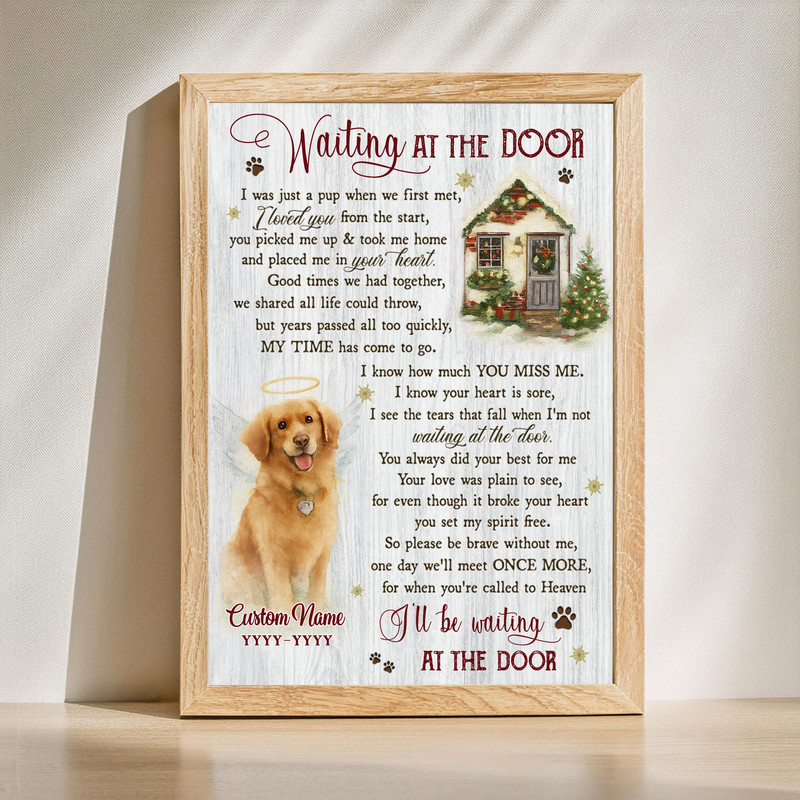 Dog memorial canvas wall art with 'Waiting at the Door' verse, personalized pet name and dates, Christmas accents | Familywalldecor