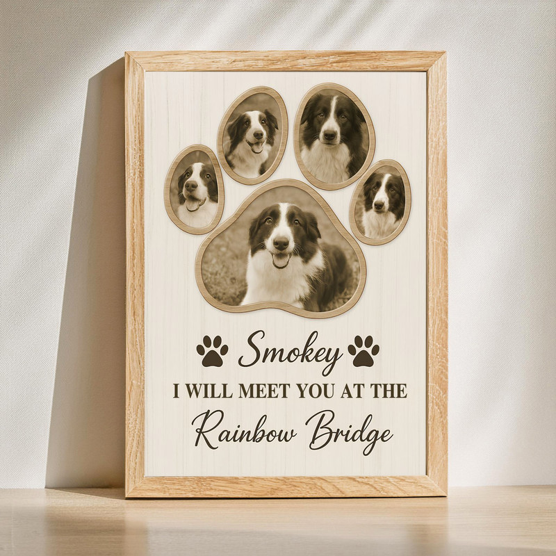 Dog memorial paw print canvas wall art with paw-shaped photo collage, personalized name and dates in rustic farmhouse style | Familywalldecor