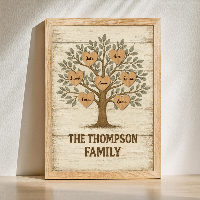 Personalized family tree canvas print with names and dates, rustic farmhouse style, gallery-wrapped, living room decor | Familywalldecor
