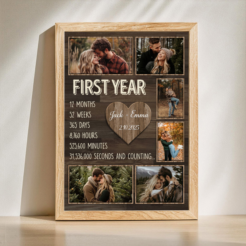 First-year anniversary photo collage canvas, personalized with couple names and date, rustic farmhouse wall decor | Familywalldecor